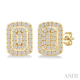 1/5 ctw Double Halo Emerald Shape Petite Round Cut Diamond Fashion Stud Earring in 10K Yellow Gold